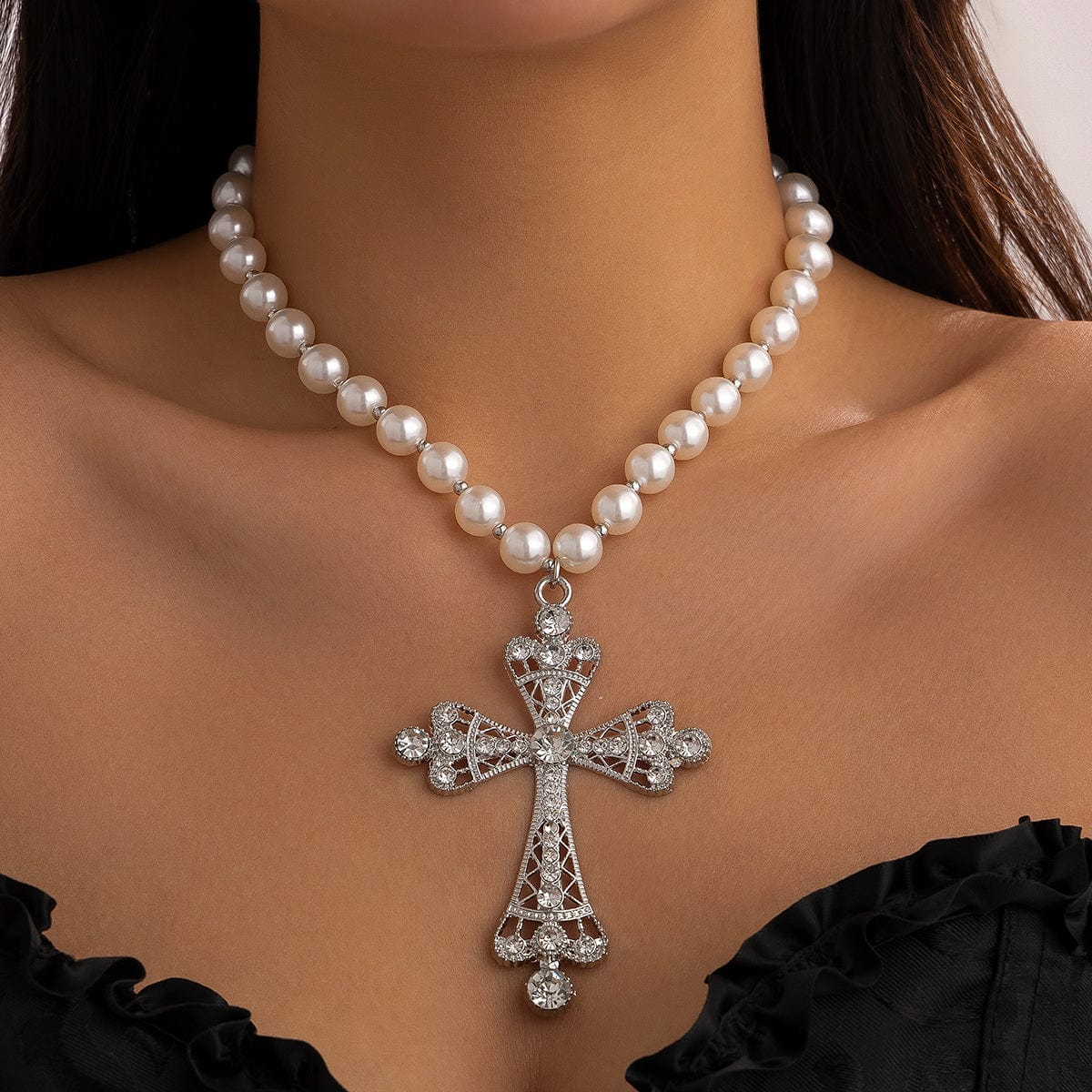 Baroque Cross Pendant Pearl Chain Choker Necklace - ArtGalleryZen