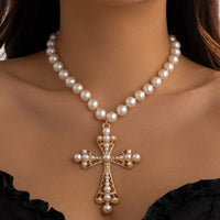 Thumbnail for Baroque Cross Pendant Pearl Chain Choker Necklace - ArtGalleryZen