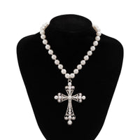 Thumbnail for Baroque Cross Pendant Pearl Chain Choker Necklace - ArtGalleryZen