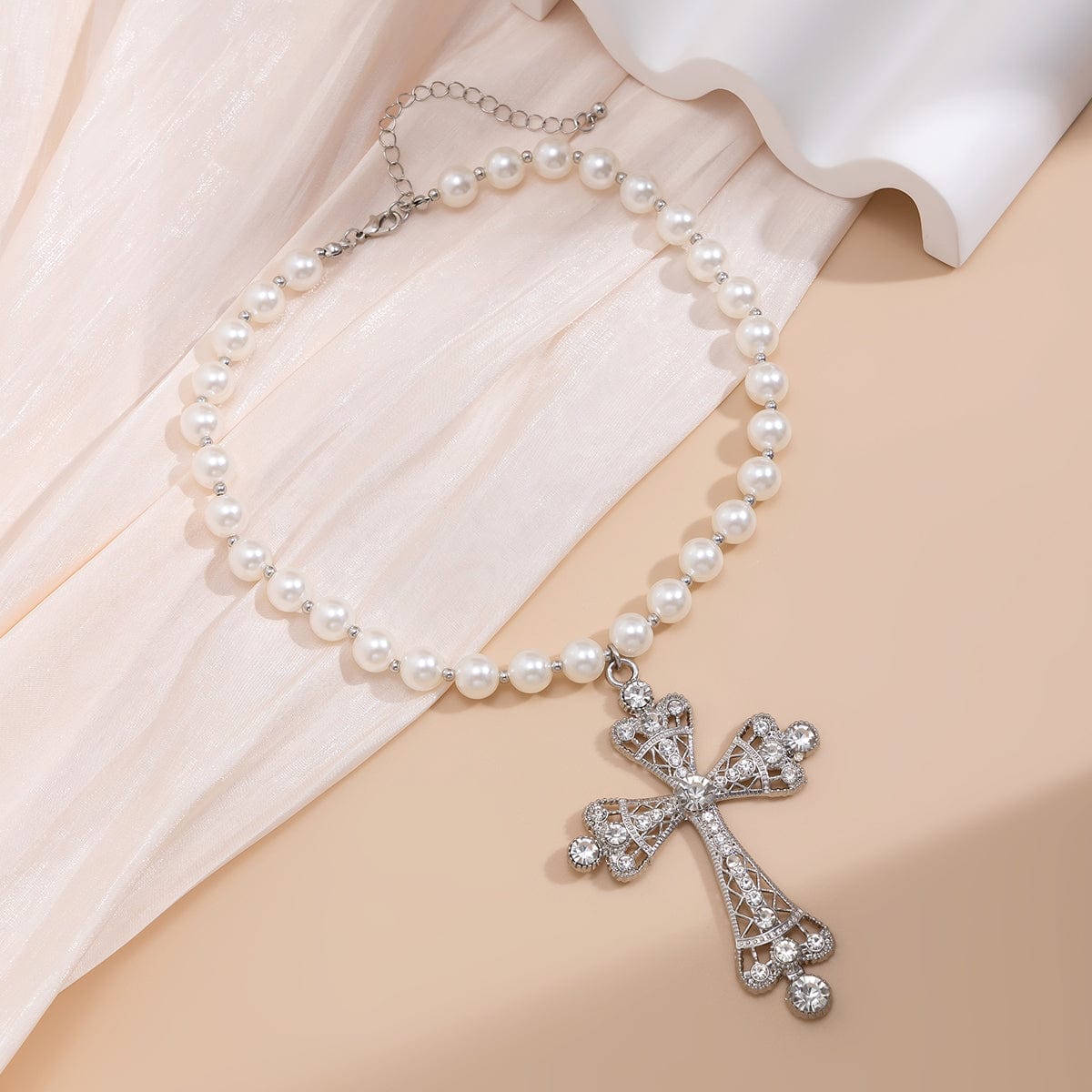 Baroque Cross Pendant Pearl Chain Choker Necklace - ArtGalleryZen