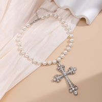 Thumbnail for Baroque Cross Pendant Pearl Chain Choker Necklace - ArtGalleryZen