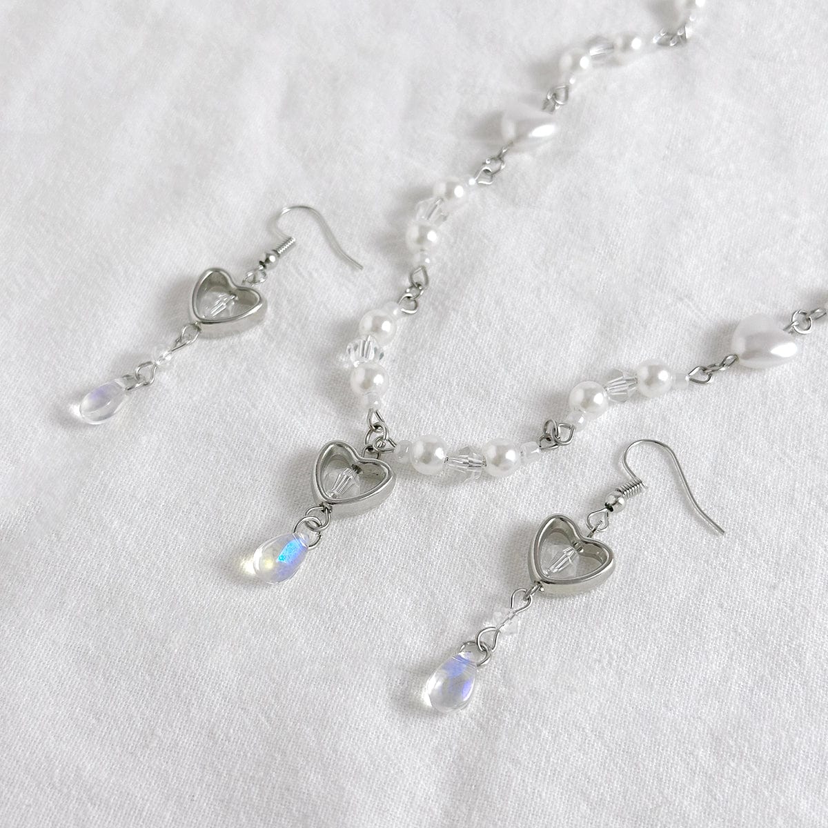 Baroque Crystal Heart Pendant Pearl Seed Bead Chain Necklace Earrings Set - ArtGalleryZen