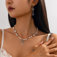 Thumbnail for Baroque Crystal Heart Pendant Pearl Seed Bead Chain Necklace Earrings Set - ArtGalleryZen