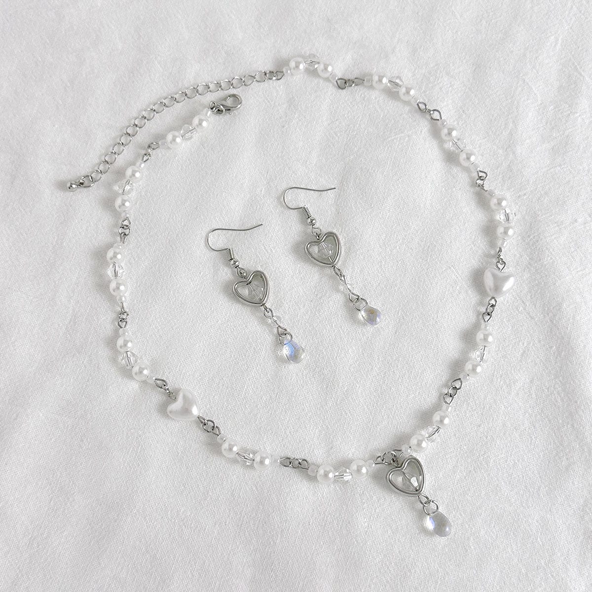 Baroque Crystal Heart Pendant Pearl Seed Bead Chain Necklace Earrings Set - ArtGalleryZen