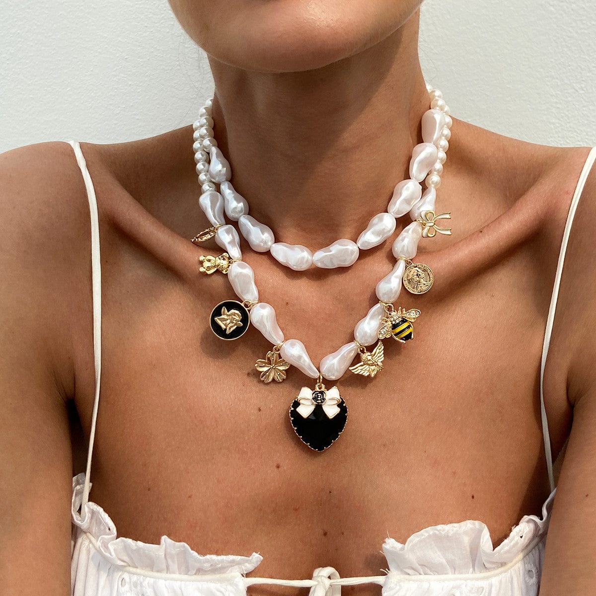 Baroque Enamel Bee Heart Bow Pendant Irregular Pearl Chain Necklace Set - ArtGalleryZen