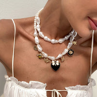 Thumbnail for Baroque Enamel Bee Heart Bow Pendant Irregular Pearl Chain Necklace Set - ArtGalleryZen