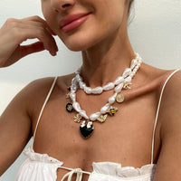 Thumbnail for Baroque Enamel Bee Heart Bow Pendant Irregular Pearl Chain Necklace Set - ArtGalleryZen