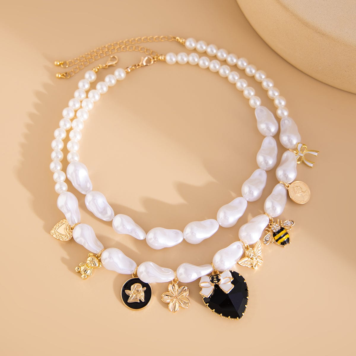 Baroque Enamel Bee Heart Bow Pendant Irregular Pearl Chain Necklace Set - ArtGalleryZen