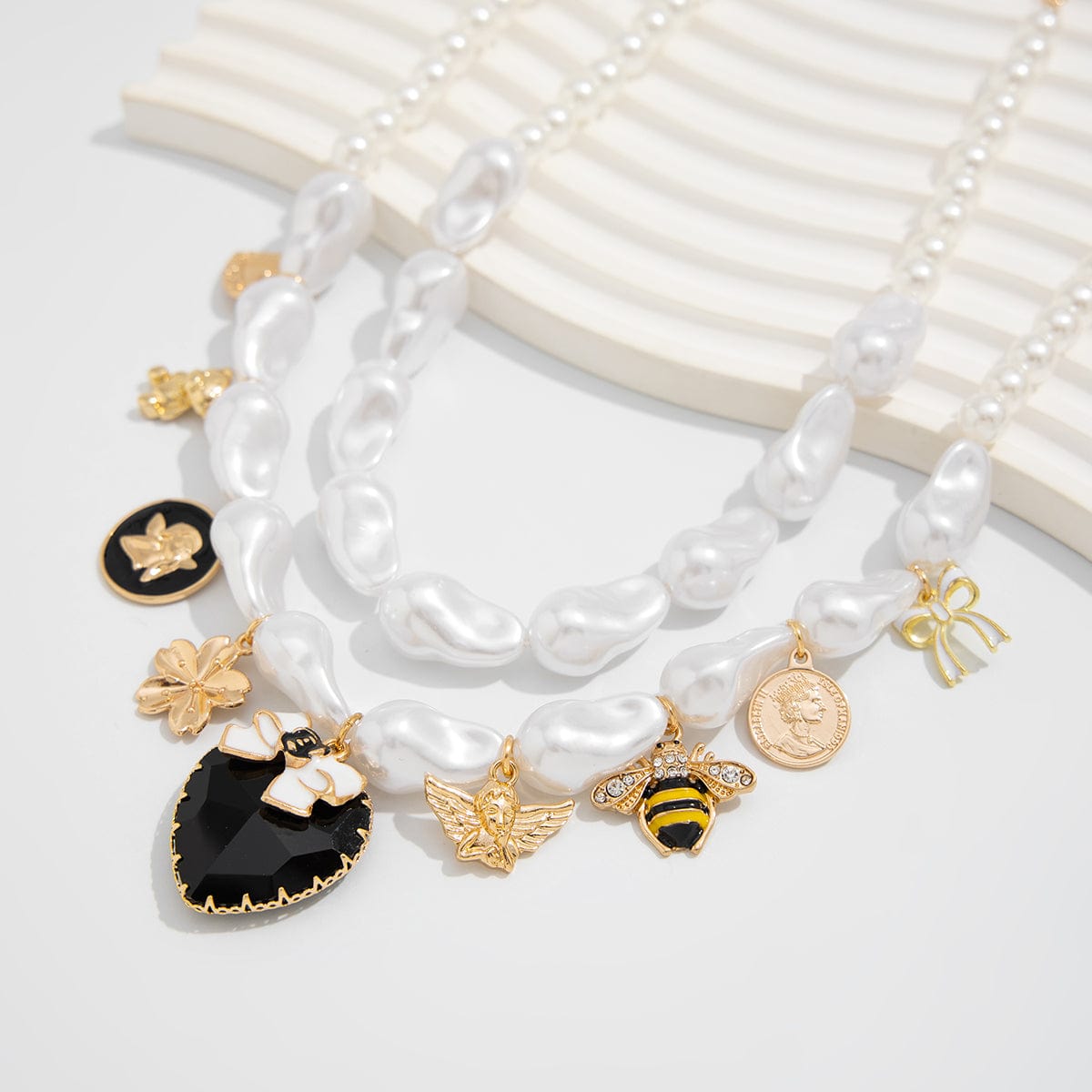 Baroque Enamel Bee Heart Bow Pendant Irregular Pearl Chain Necklace Set - ArtGalleryZen