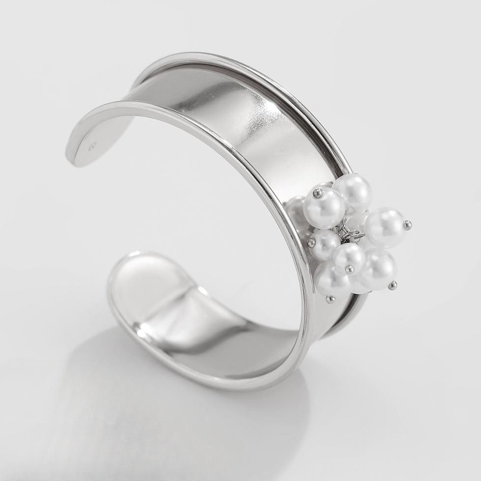Baroque Glossy Pearl Charm Open Wide Cuff Bangle Bracelet Ring Set - ArtGalleryZen