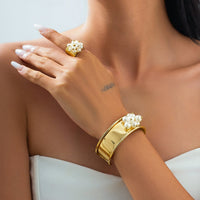 Thumbnail for Baroque Glossy Pearl Charm Open Wide Cuff Bangle Bracelet Ring Set - ArtGalleryZen