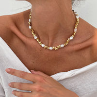 Thumbnail for Baroque Gold Silver Tone Irregular Pearl Beaded Necklace - ArtGalleryZen