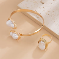 Thumbnail for Baroque Irregular Pearl Inlaid Open Ring Bangle Bracelet Set - ArtGalleryZen