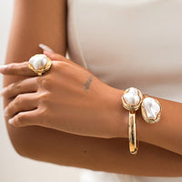 Thumbnail for Baroque Irregular Pearl Inlaid Open Ring Bangle Bracelet Set - ArtGalleryZen