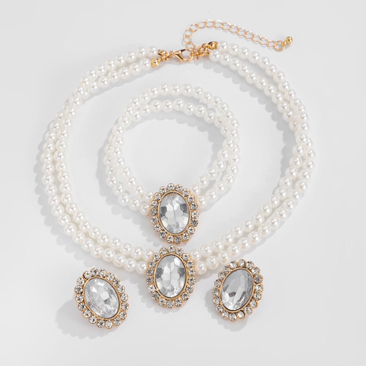 Baroque Layered Emerald CZ Inlaid Pearl Chain Choker Necklace Bracelet Earrings Set - ArtGalleryZen