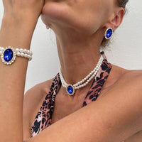 Thumbnail for Baroque Layered Emerald CZ Inlaid Pearl Chain Choker Necklace Bracelet Earrings Set - ArtGalleryZen