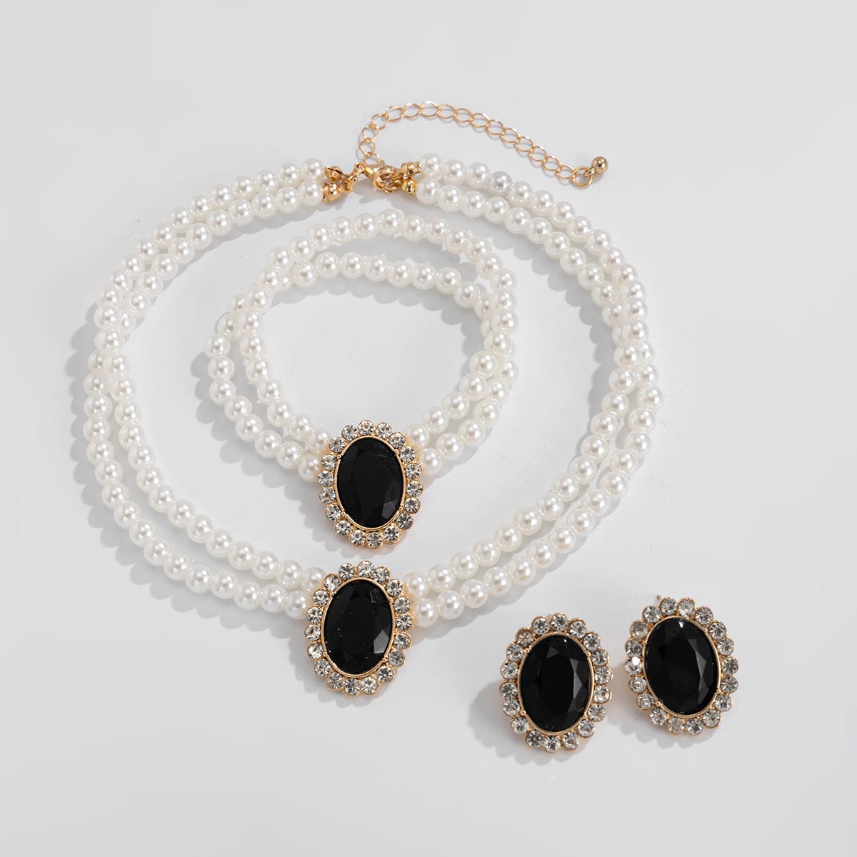 Baroque Layered Emerald CZ Inlaid Pearl Chain Choker Necklace Bracelet Earrings Set - ArtGalleryZen