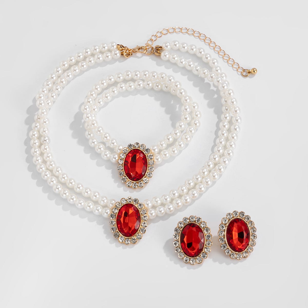 Baroque Layered Emerald CZ Inlaid Pearl Chain Choker Necklace Bracelet Earrings Set - ArtGalleryZen