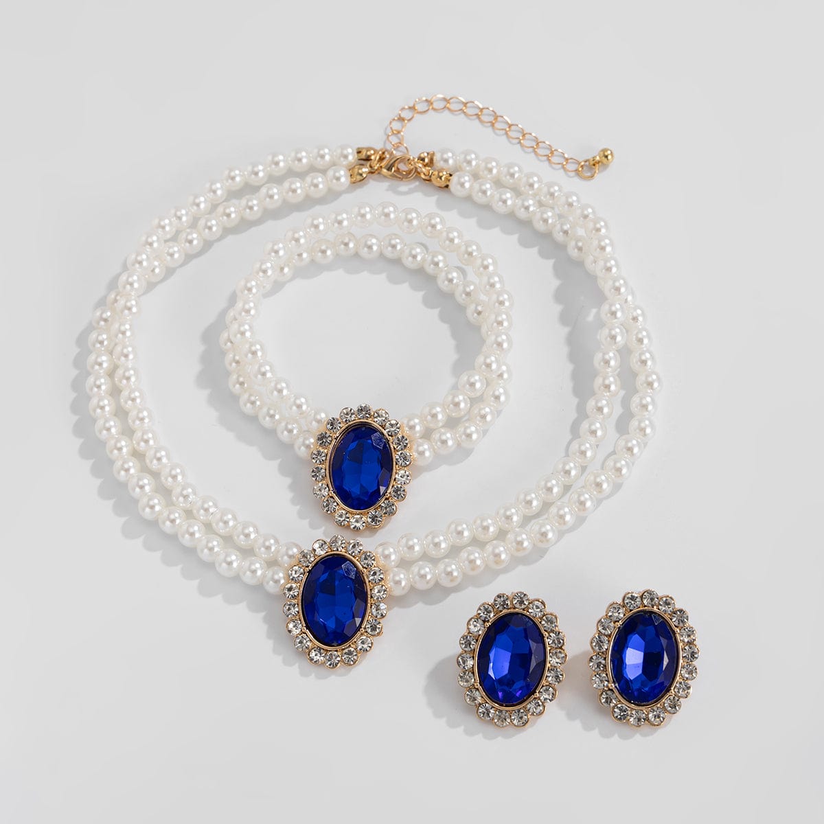 Baroque Layered Emerald CZ Inlaid Pearl Chain Choker Necklace Bracelet Earrings Set - ArtGalleryZen