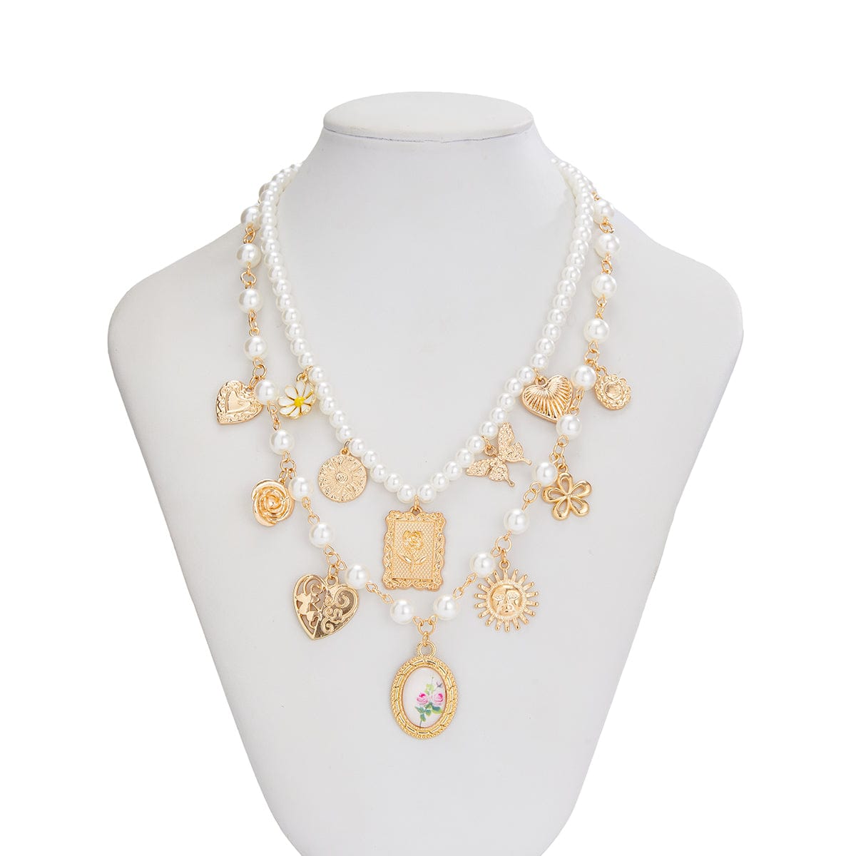 Baroque Layered Enamel Flower Heart Sun Pendant Pearl Chain Necklace Set - ArtGalleryZen