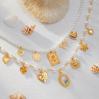 Thumbnail for Baroque Layered Enamel Flower Heart Sun Pendant Pearl Chain Necklace Set - ArtGalleryZen