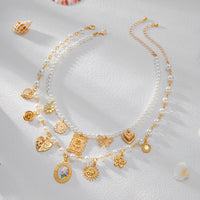 Thumbnail for Baroque Layered Enamel Flower Heart Sun Pendant Pearl Chain Necklace Set - ArtGalleryZen