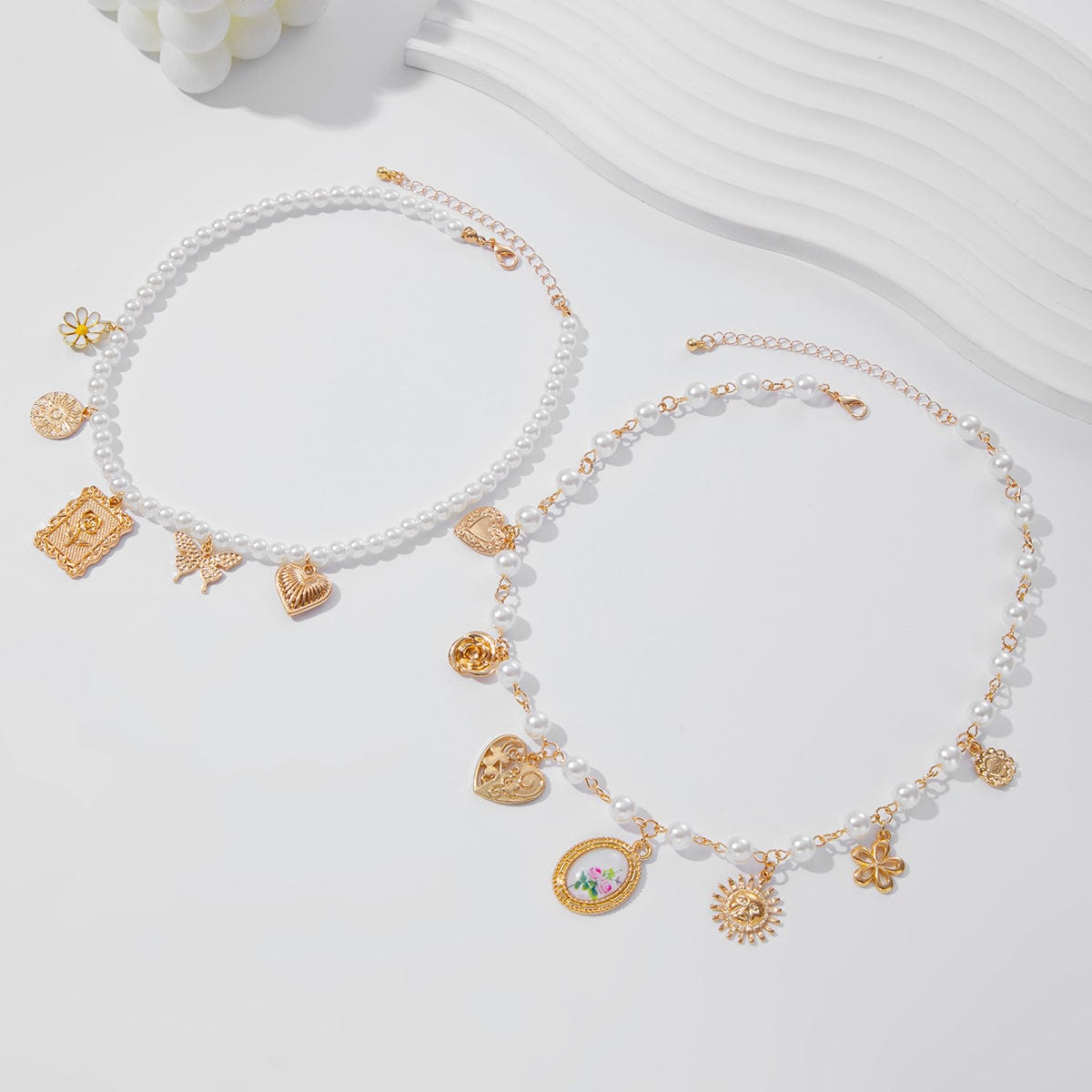Baroque Layered Enamel Flower Heart Sun Pendant Pearl Chain Necklace Set - ArtGalleryZen