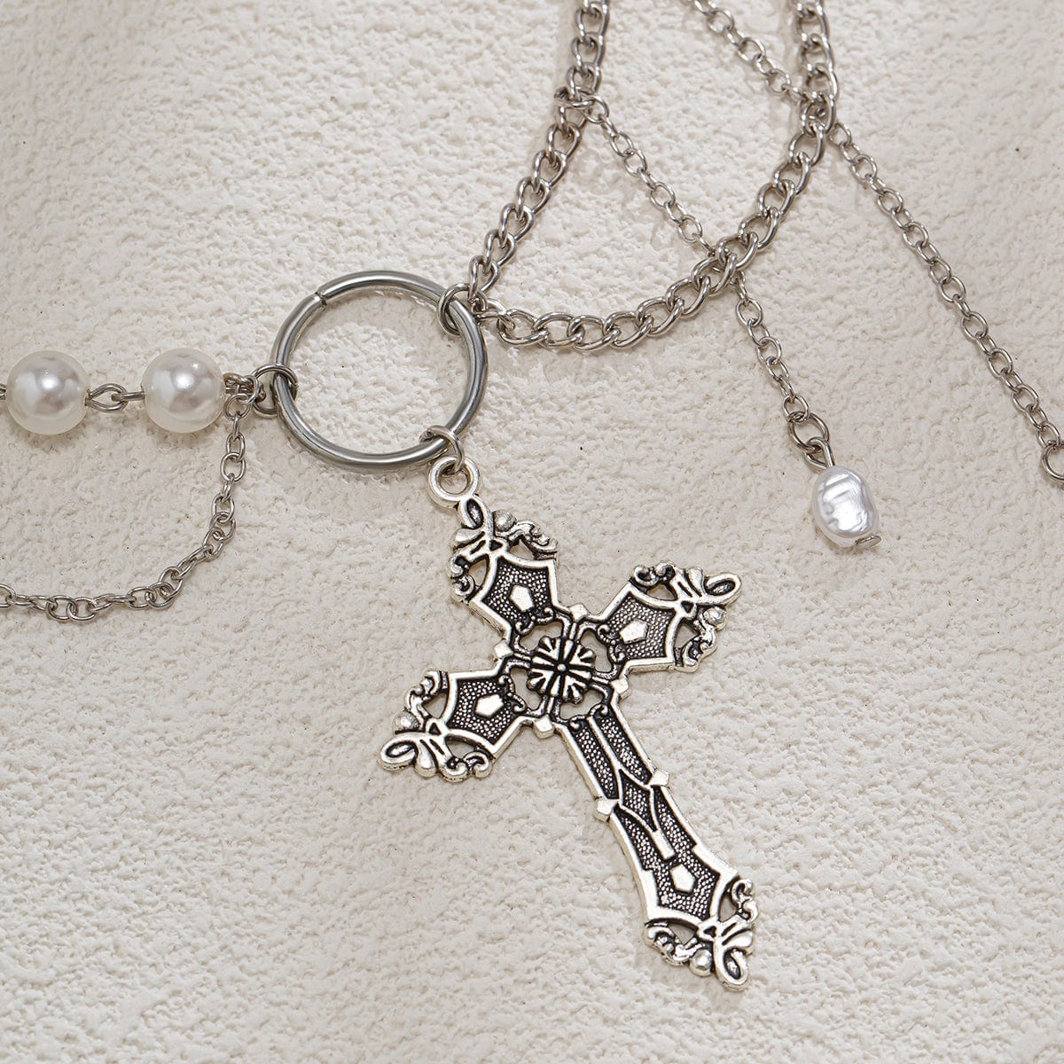 Baroque Layered Floral Cross Pendant Pearl Chain Choker Necklace - ArtGalleryZen