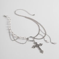 Thumbnail for Baroque Layered Floral Cross Pendant Pearl Chain Choker Necklace - ArtGalleryZen