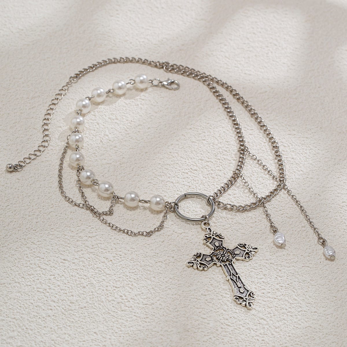 Baroque Layered Floral Cross Pendant Pearl Chain Choker Necklace - ArtGalleryZen