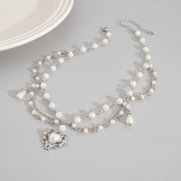 Thumbnail for Baroque Layered Floral Heart Pendant Pearl Chain Necklace - ArtGalleryZen