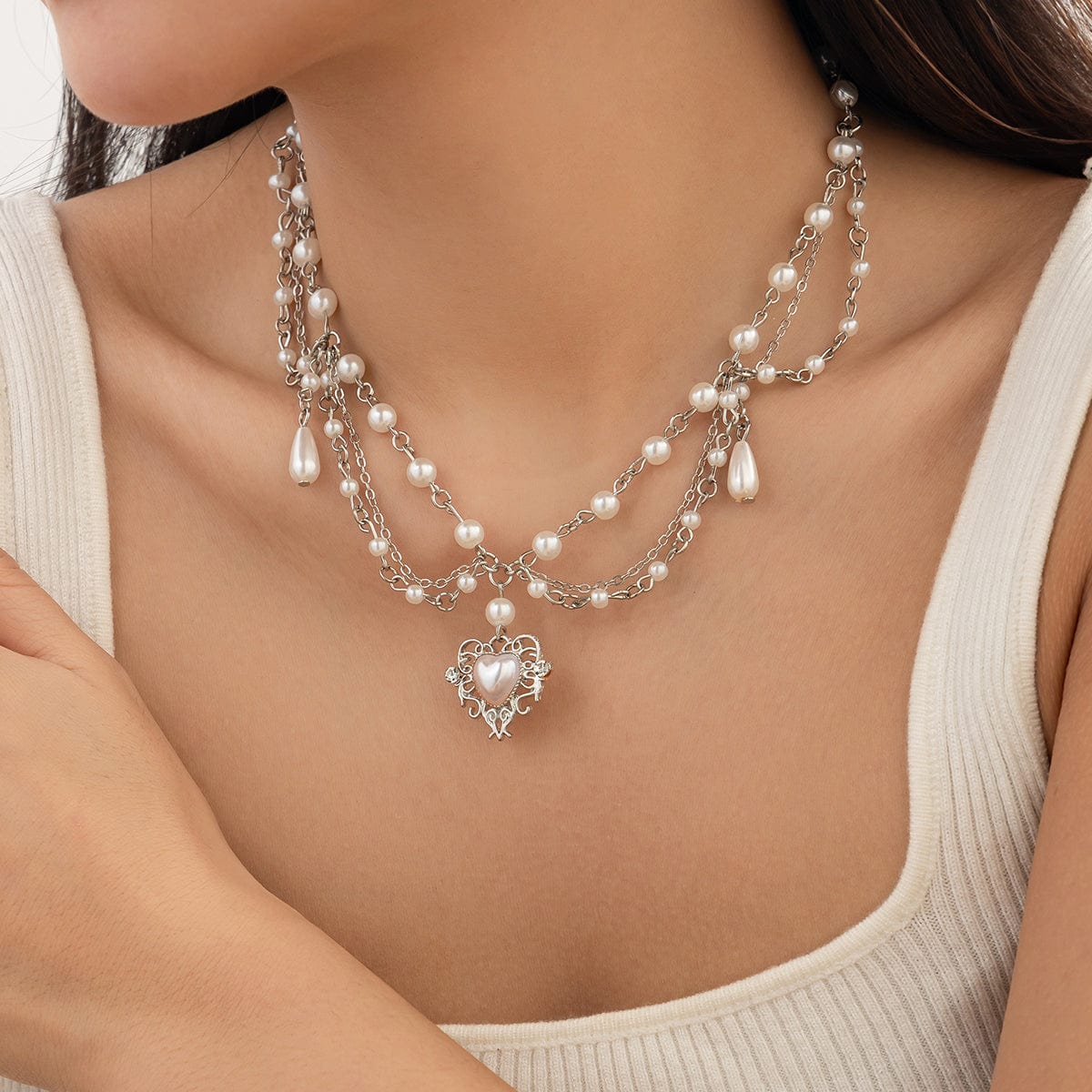 Baroque Layered Floral Heart Pendant Pearl Chain Necklace - ArtGalleryZen