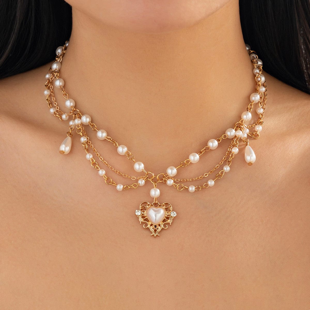 Baroque Layered Floral Heart Pendant Pearl Chain Necklace - ArtGalleryZen
