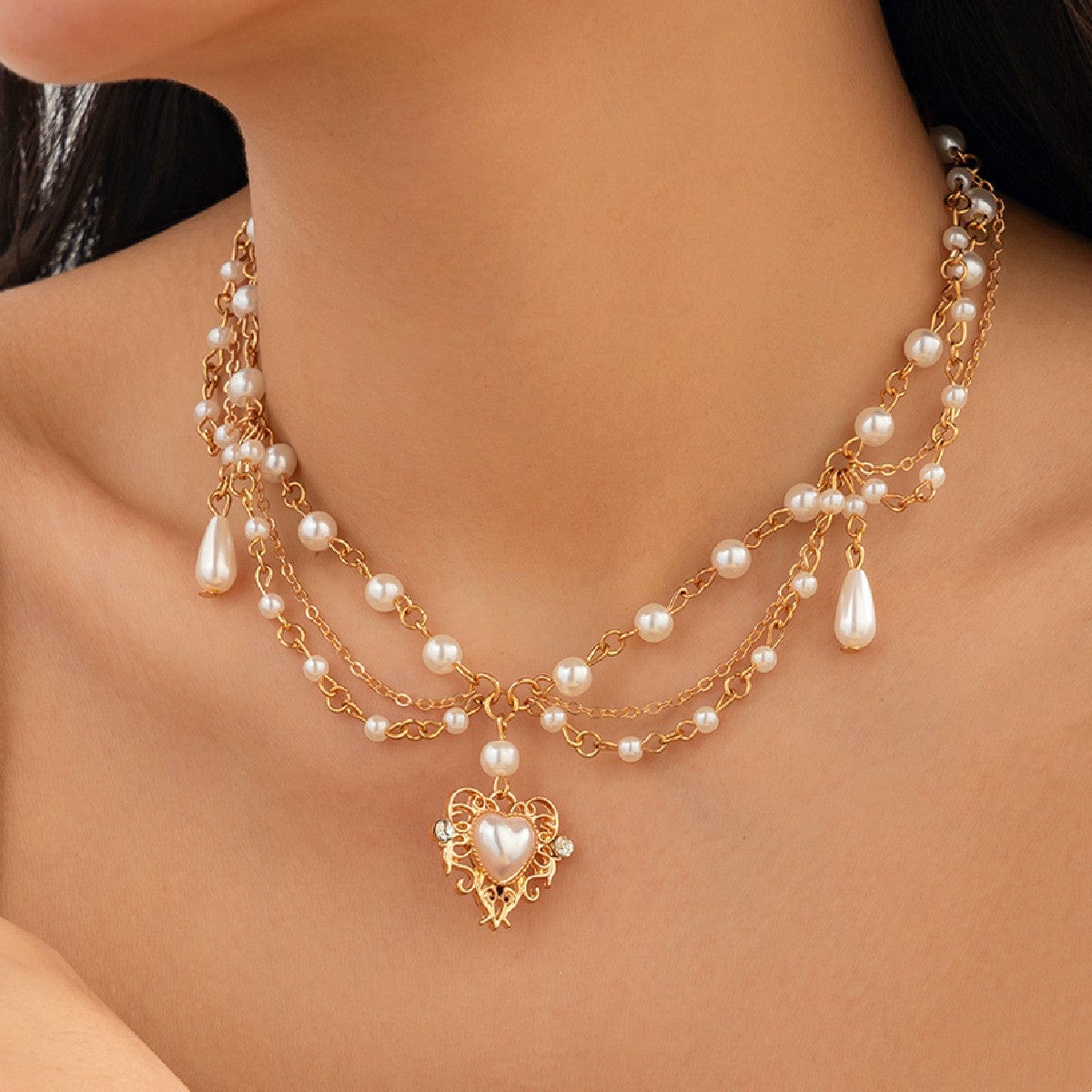 Baroque Layered Floral Heart Pendant Pearl Chain Necklace - ArtGalleryZen