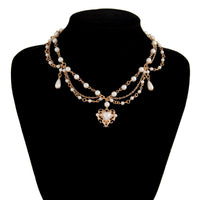 Thumbnail for Baroque Layered Floral Heart Pendant Pearl Chain Necklace - ArtGalleryZen