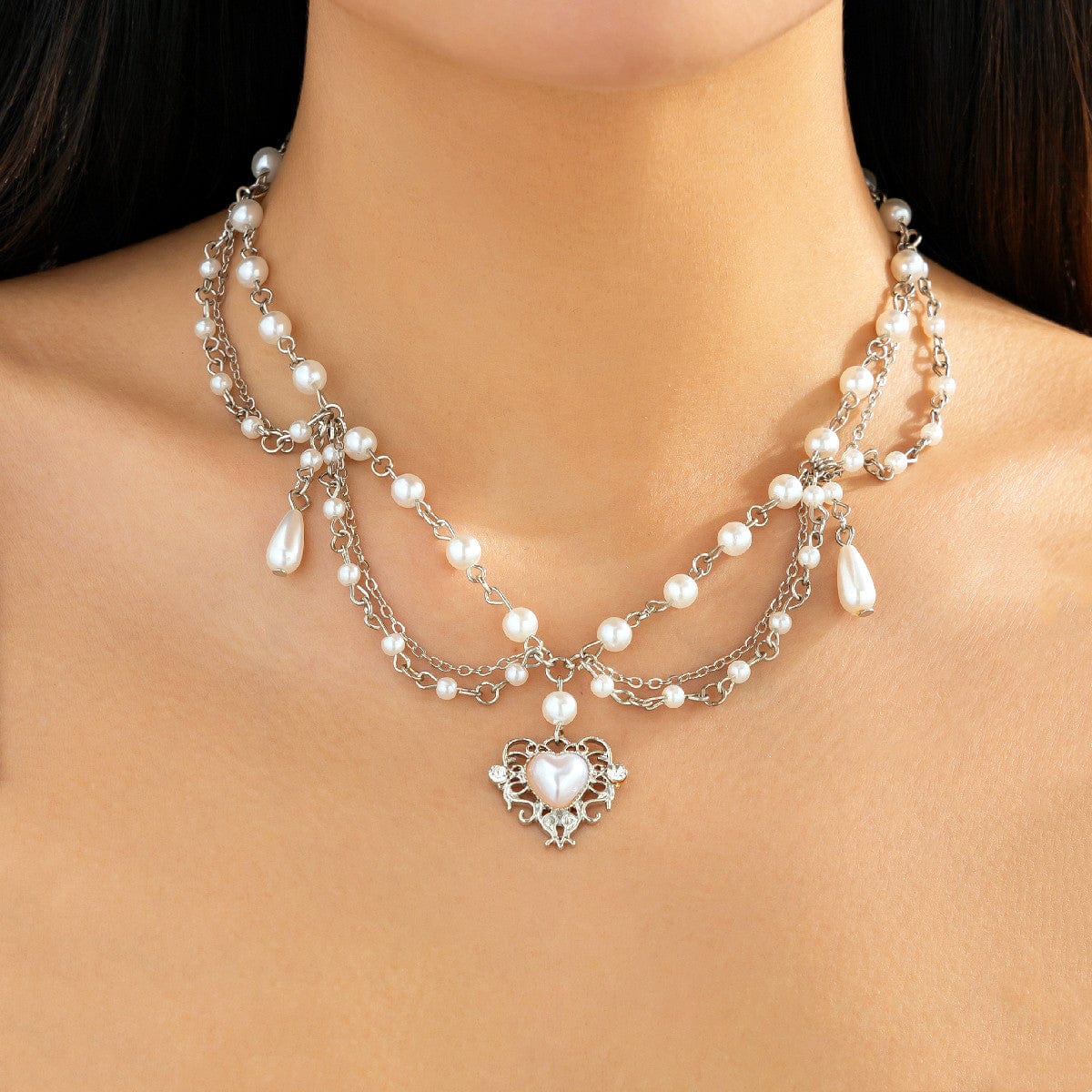 Baroque Layered Floral Heart Pendant Pearl Chain Necklace - ArtGalleryZen
