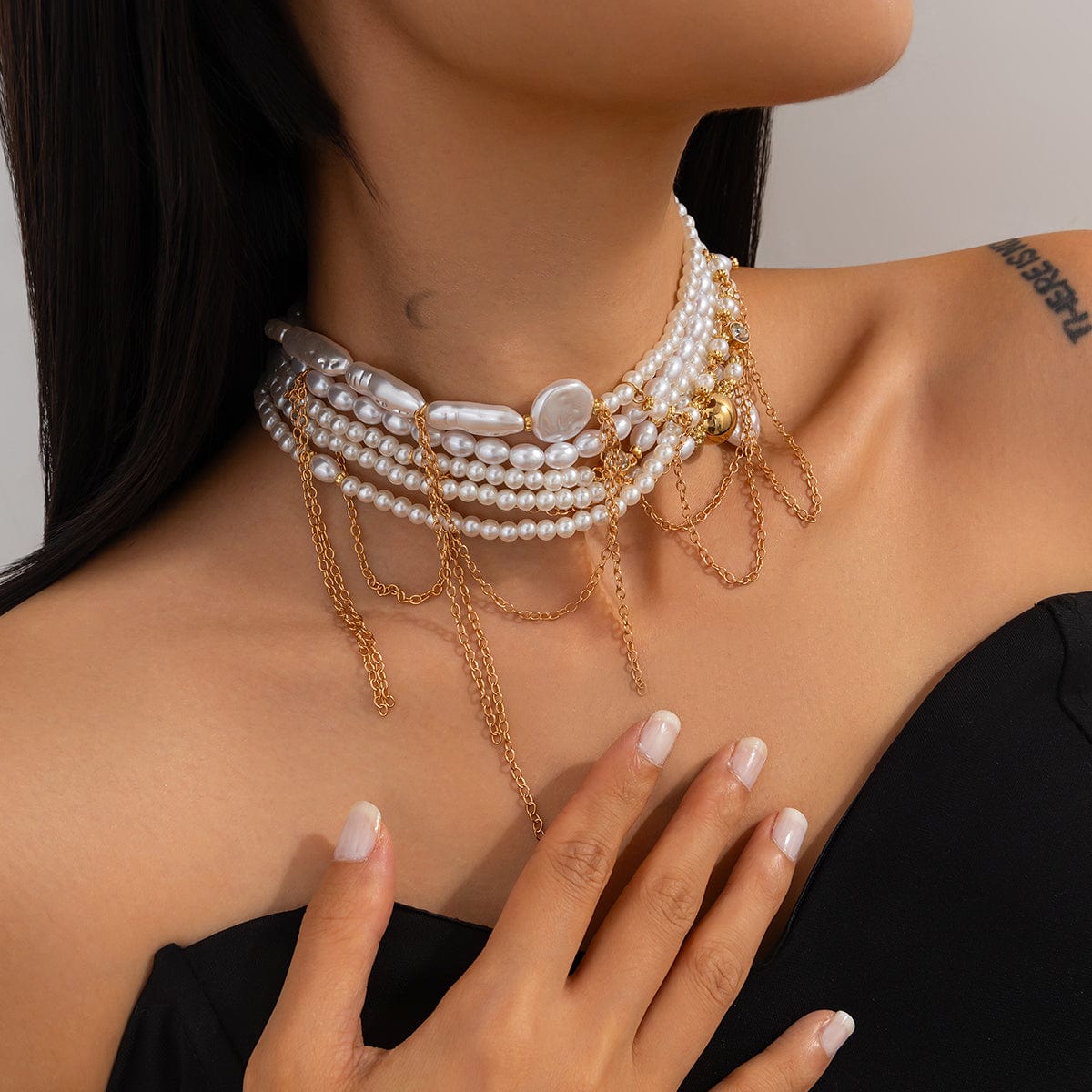 Baroque Layered Gold Tone Pearl Chain Tassel Choker Necklace - ArtGalleryZen