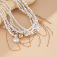 Thumbnail for Baroque Layered Gold Tone Pearl Chain Tassel Choker Necklace - ArtGalleryZen