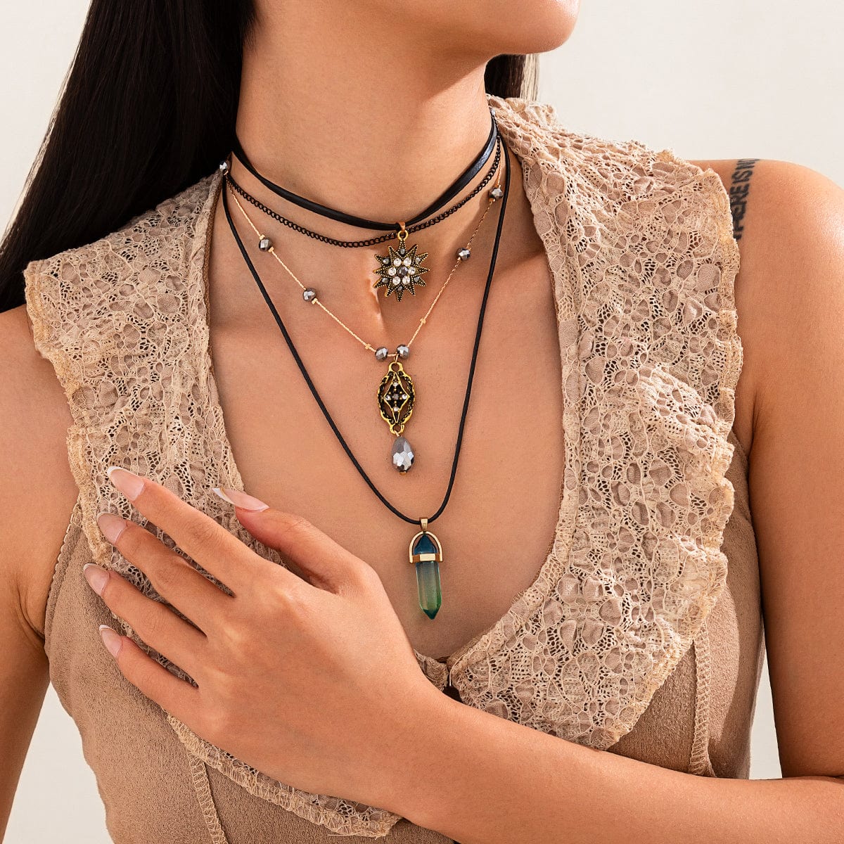 Baroque Layered Healing Crystal Waterdrop Pendant Wax Cord Necklace Set - ArtGalleryZen