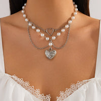 Thumbnail for Baroque Layered Pattern Heart Pendant Pearl Chain Necklace - ArtGalleryZen