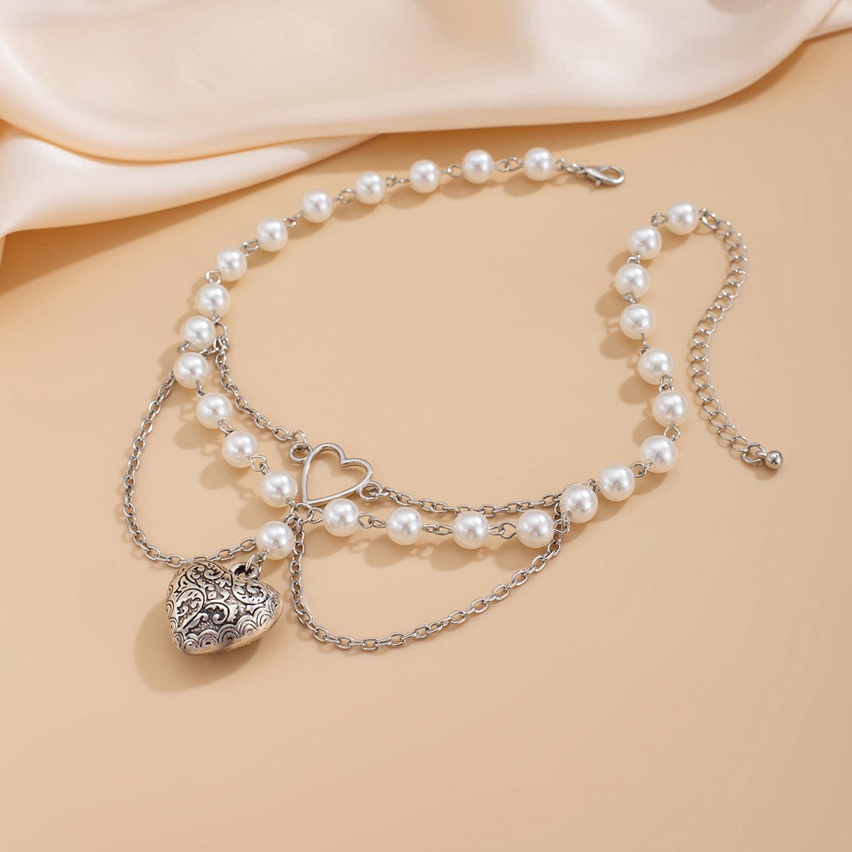 Baroque Layered Pattern Heart Pendant Pearl Chain Necklace - ArtGalleryZen