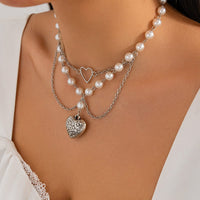 Thumbnail for Baroque Layered Pattern Heart Pendant Pearl Chain Necklace - ArtGalleryZen