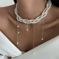 Thumbnail for Baroque Layered Pearl Chain Tassel Choker Necklace - ArtGalleryZen