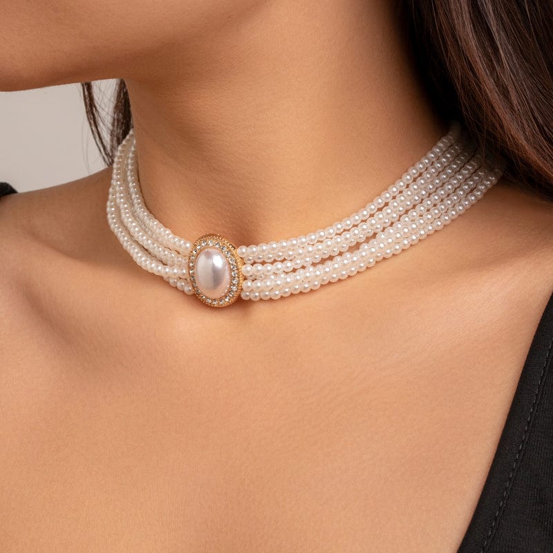 Baroque Layered Rhinestone Inlaid Crystal Pearl Chain Necklace - ArtGalleryZen