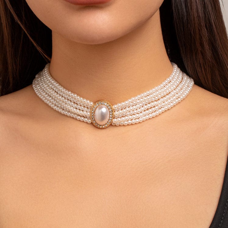 Baroque Layered Rhinestone Inlaid Crystal Pearl Chain Necklace - ArtGalleryZen