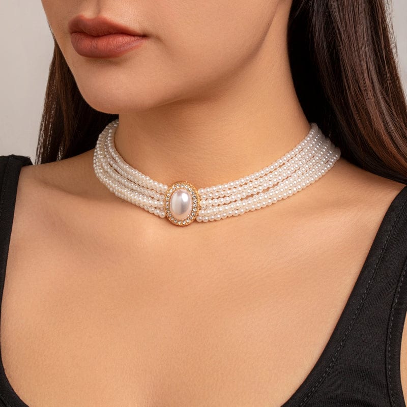 Baroque Layered Rhinestone Inlaid Crystal Pearl Chain Necklace - ArtGalleryZen