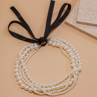 Thumbnail for Baroque Layered Ribbon Bowknot Pearl Chain Necklace - ArtGalleryZen