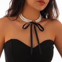 Thumbnail for Baroque Layered Ribbon Bowknot Pearl Chain Necklace - ArtGalleryZen
