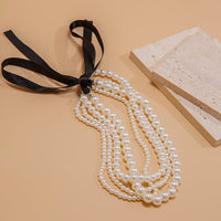 Thumbnail for Baroque Layered Ribbon Bowknot Pearl Chain Necklace - ArtGalleryZen