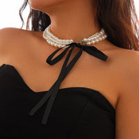 Thumbnail for Baroque Layered Ribbon Bowknot Pearl Chain Necklace - ArtGalleryZen